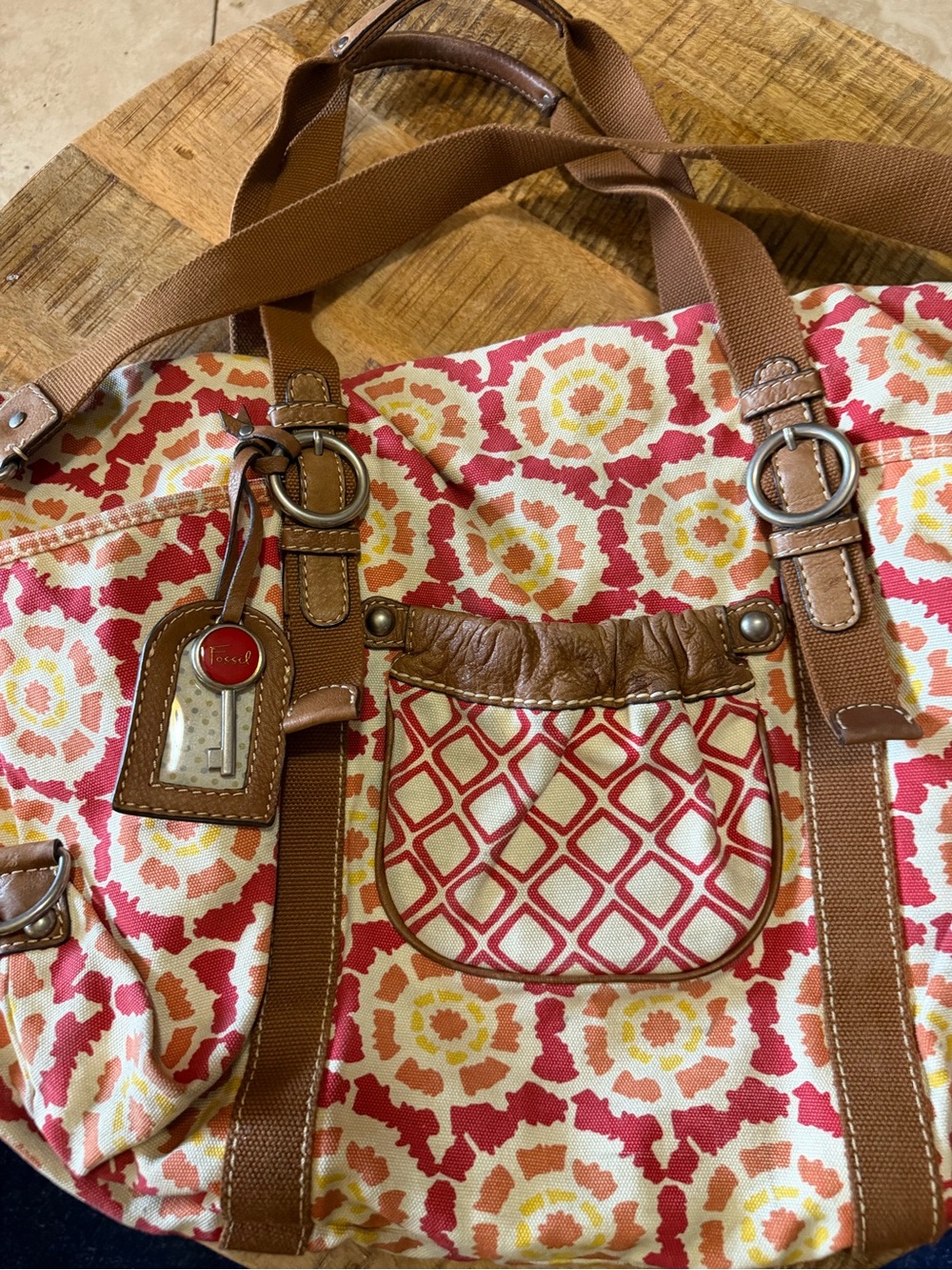 Fossil Cream Red Orange Yellow Floral RoomyCanvas Weekender Travel Bag Boho